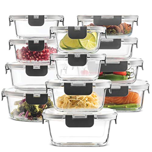 24-Piece Superior Glass Food Storage Containers Set - Newly Innovated Hinged BPA-free Locking lids - 100% Leakproof Glass Meal-Prep Containers, Great On-the-Go & Freezer-to-Oven-Safe Food Containers